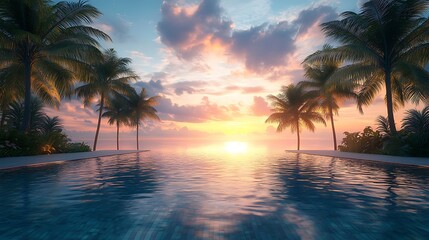 Obraz premium Peaceful dawn swim in a luxury pool, tropical palms framing the scene, calm water surface with gentle reflections of the sky, serene and tranquil setting, photorealistic details,