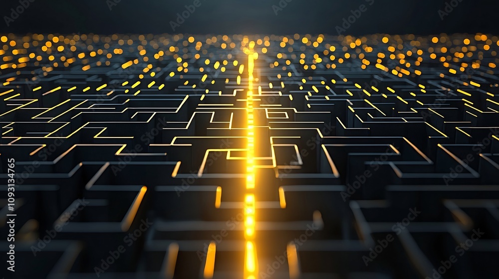 Aufkleber Captivating abstract 3D of a golden maze with a striking glowing radiant path symbolizing precision strategy and problem solving for creative innovation and breakthrough ideas