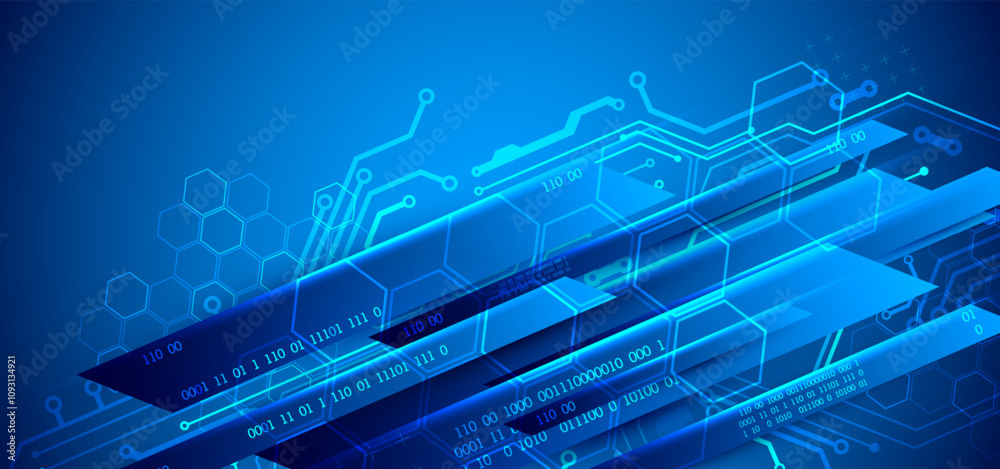 Poster abstract technological illustration with neon lights on a dark blue gradient background. this vector