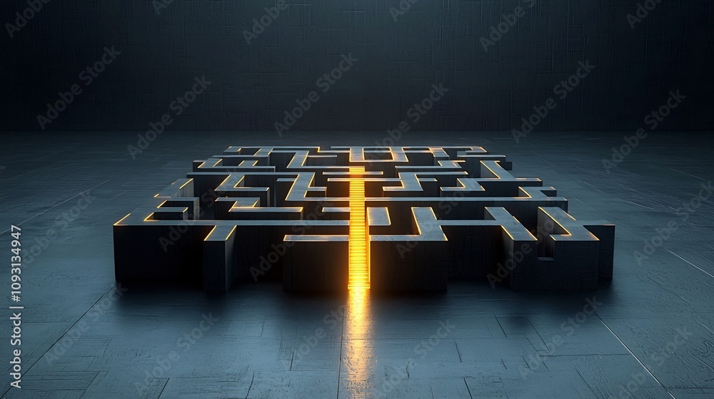 Aufkleber Intricate golden maze in a 3D digital style featuring a glowing radiant path that symbolizes precision strategy and problem solving for creative innovation
