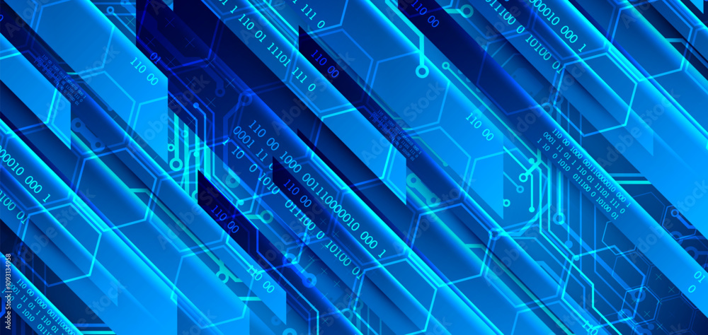 Poster Abstract technological illustration with neon lights on a dark blue gradient background. This vector was hand drawn.