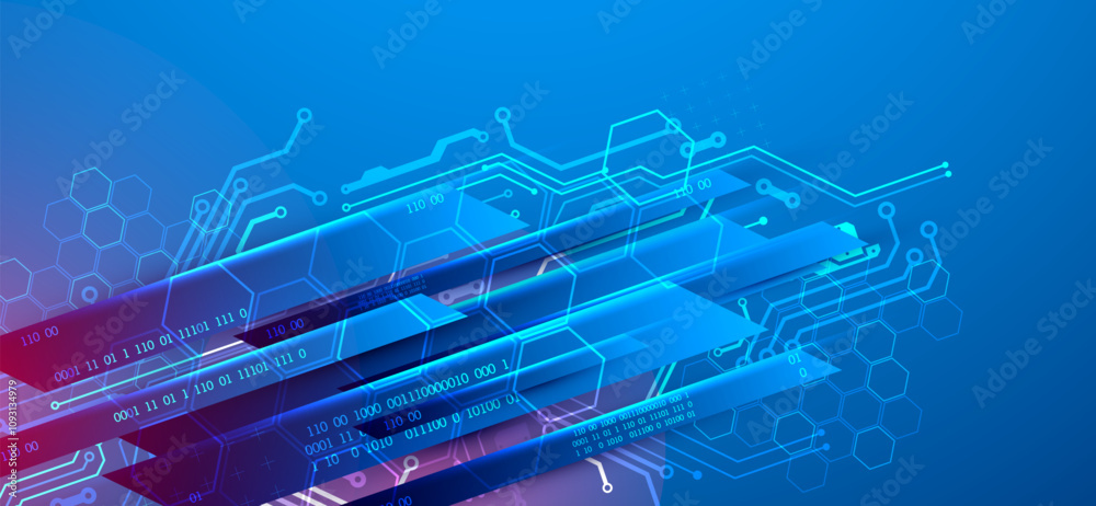 Poster abstract technological illustration with neon lights on a dark blue gradient background. this vector