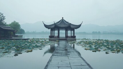 Obraz premium Serene Chinese Pavilion Surrounded by Tranquil Lotus Flowers on Calm Lake with Misty Mountains in the Background on a Foggy Day
