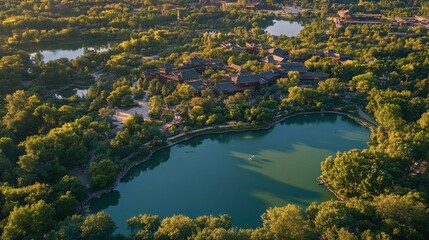 Fototapeta premium Serene Aerial View of a Lush Green Landscape with Tranquil Waterbody Surrounded by Vibrant Trees and Elegant Architecture in the Midst of Nature's Essence