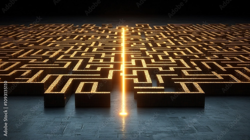 Poster Luminous 3D golden maze with a bright glowing line representing the concept of creative ideas and strategic clarity on the journey of innovative problem solving and discovery