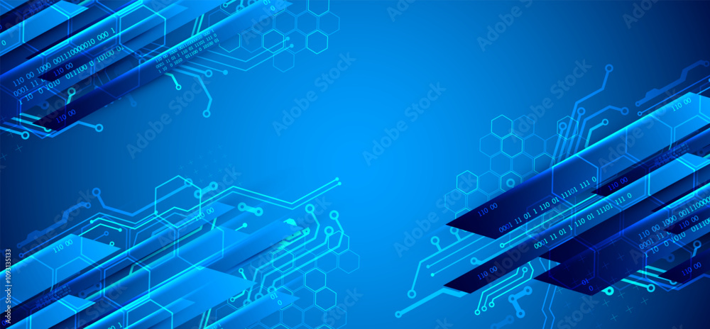 Poster Abstract technological illustration with neon lights on a dark blue gradient background. This vector was hand drawn.