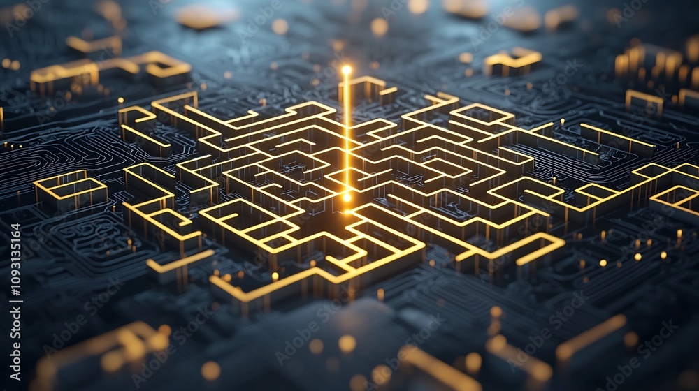 Poster Abstract 3D maze with intricate gold patterns and a radiant glowing line weaving through to find the optimal path symbolizing innovative problem solving and clarity in strategy