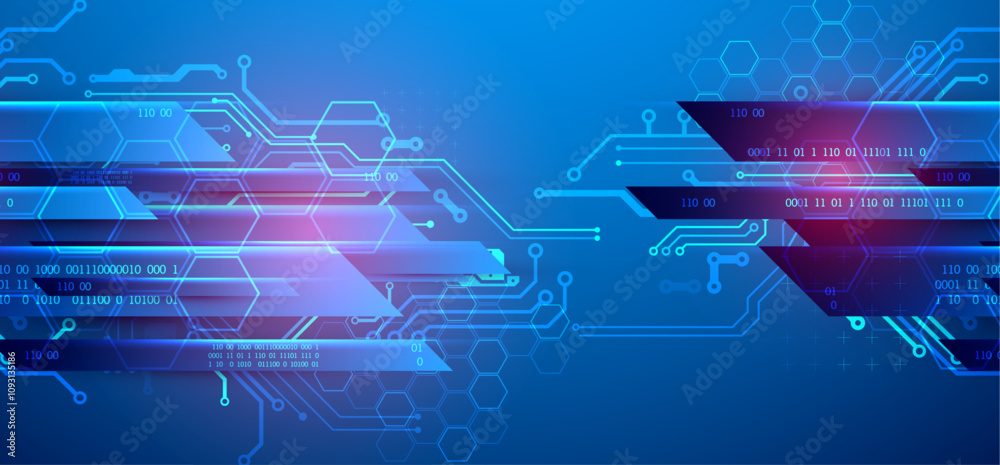 Poster abstract technological illustration with neon lights on a dark blue gradient background. this vector