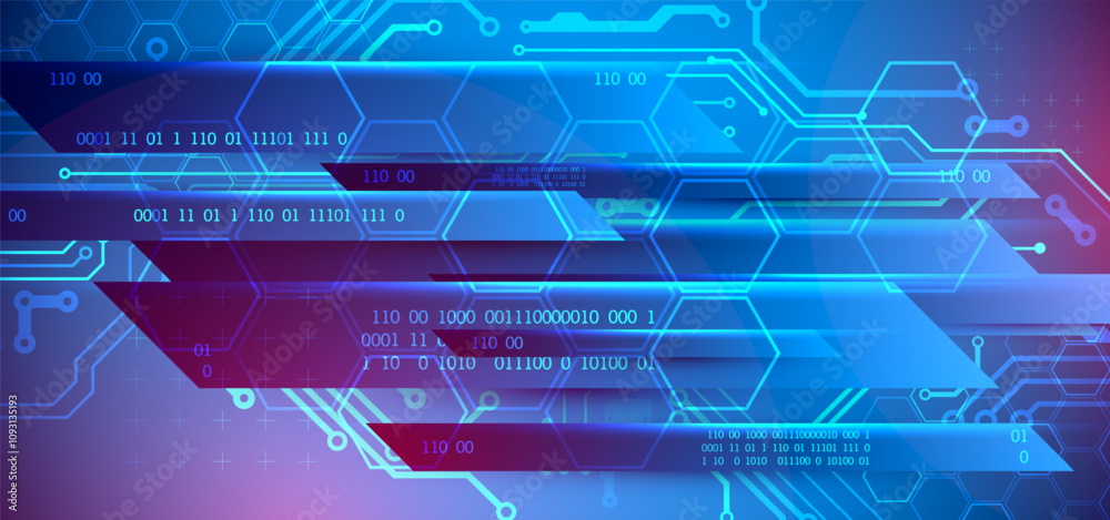 Poster abstract technological illustration with neon lights on a dark blue gradient background. this vector