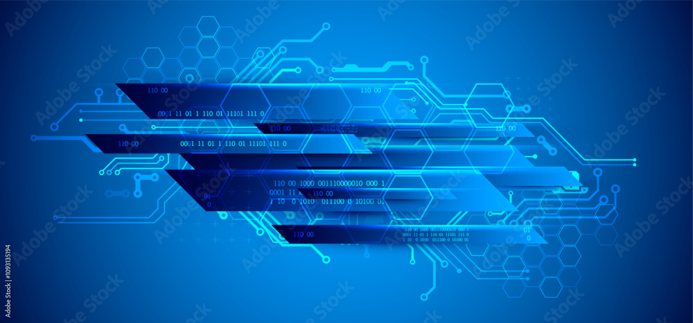Aufkleber Abstract technological illustration with neon lights on a dark blue gradient background. This vector was hand drawn.