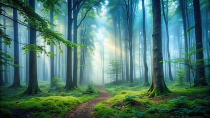 Obraz premium A Path Through the Misty Forest, Where Sunlight Filters Through the Canopy, Creating a Serene and Enchanting Atmosphere