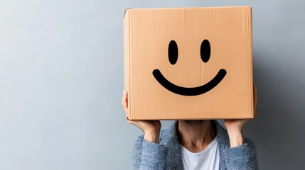Person is holding a box with a smiley face on it. Concept of happiness and positivity