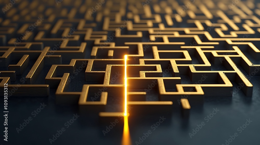 Aufkleber a vibrant golden 3d maze with a glowing radiant line carving an optimal route representing the clari