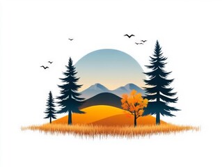 Minimalist Autumn Landscape with Rolling Hills  Forest  and Colorful Foliage
