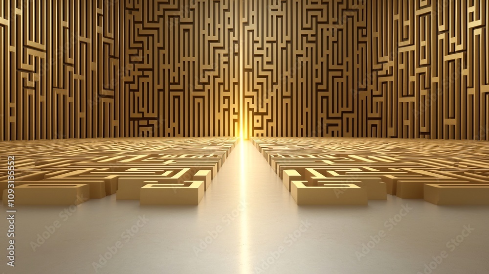 Fototapete radiant 3d abstract maze in golden tones with a glowing line finding its way through symbolizing str