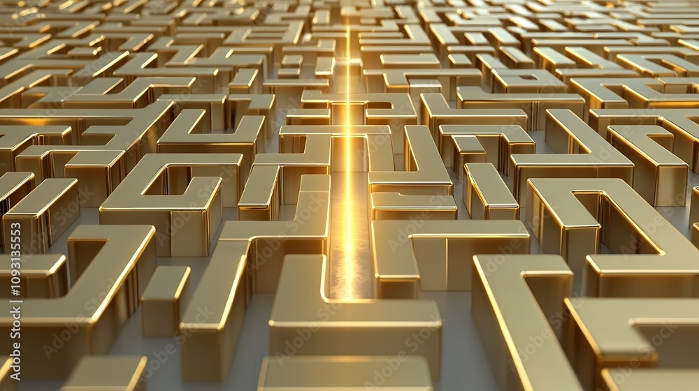 Leinwandbilder dynamic 3d abstract maze in gold tones with a radiant line finding its way through symbolizing strat