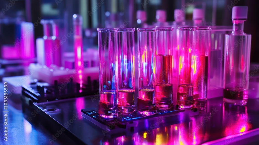 Poster pink illuminated test tubes in a laboratory setting