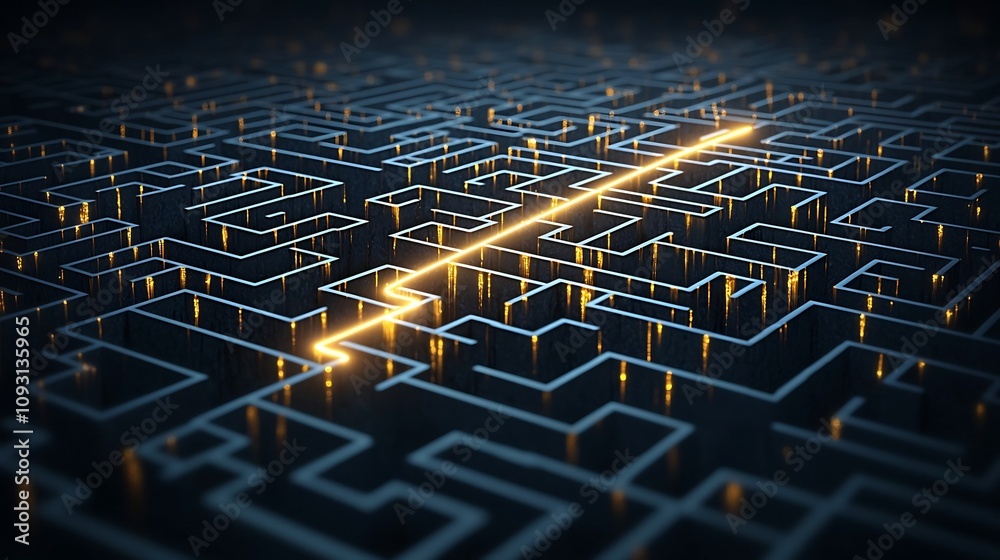 Aufkleber Luxurious 3D abstract maze with glowing gold patterns and a luminous line tracing the optimal solution representing innovative strategies and creative breakthroughs in a dynamic