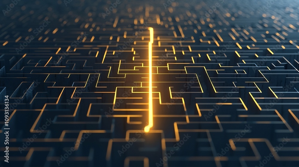 Aufkleber Glowing golden abstract maze with a shimmering line guiding the way representing the strategic journey of innovation problem solving and creative thinking toward success and growth