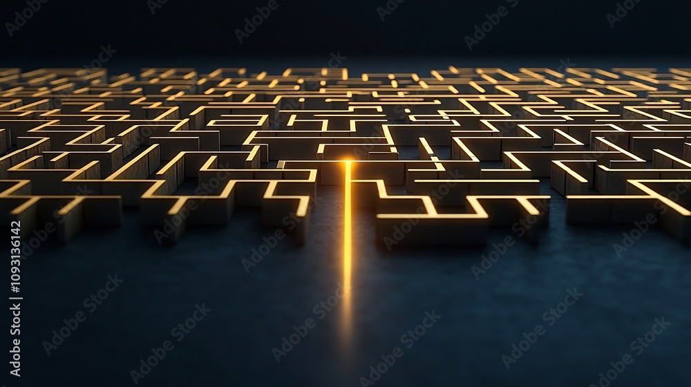 Poster abstract maze in rich golden hues with a glowing line showcasing the path to success representing the power of innovation problem solving and strategic creativity