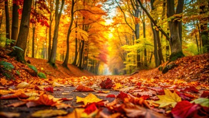Fototapeta premium A picturesque autumn pathway with golden leaves falling from the trees, creating a vibrant carpet of color.