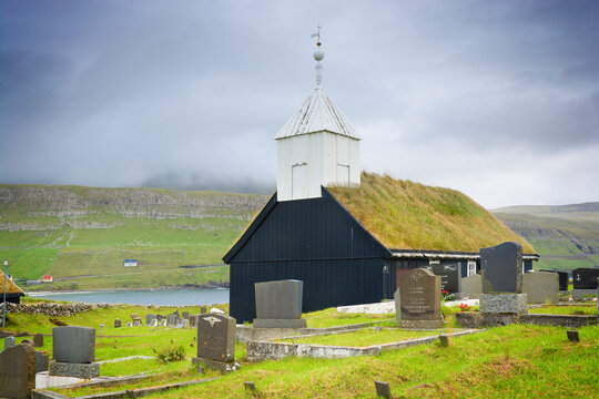Wooden turf roofed church in Sandur, Faroe Islands
