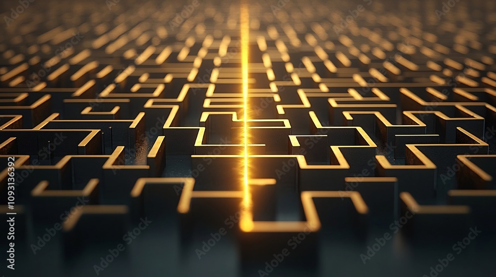 Fototapete Shining 3D Golden Maze with Radiant Path Threading Through Symbolizing Clarity in Decision Making Problem Solving and the Pursuit of Innovative Ideas