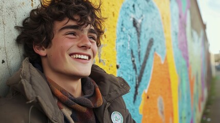 Obraz premium Young man smiling against vibrant urban street art backdrop, showcasing happiness and youthful energy, perfect for themes of positivity, creativity, and community spirit.