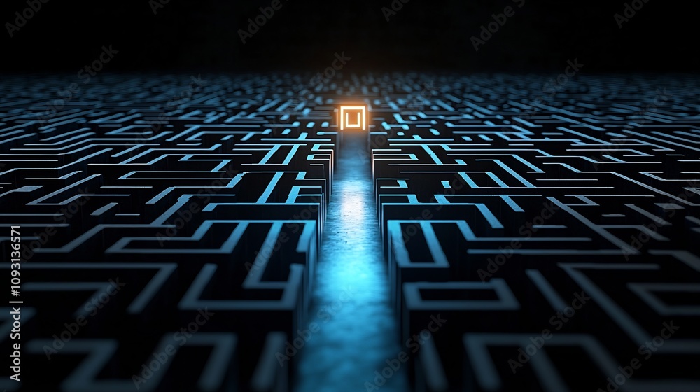 Aufkleber Glowing Exit Symbol at the End of a Complex Black and Blue Maze Represents Clarity Solutions and Breakthrough in Problem Solving