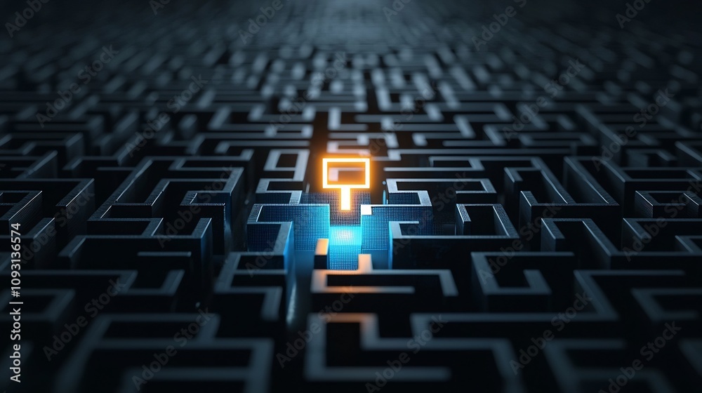 Aufkleber glowing exit symbol at the end of a complex black and blue maze representing solutions clarity and s