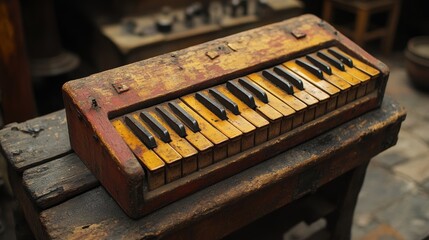 A vintage, weathered keyboard with worn keys resting on an old wooden surface, evoking nostalgia and history in a rustic setting