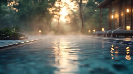 Quiet outdoor pool at dawn, mist rising gently from the water, early sunlight casting a soft glow, tranquil and peaceful atmosphere, subtle reflections on the water surface, photorealistic details,