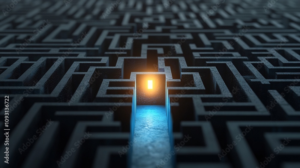 Aufkleber Luminous Exit Glowing Brightly at the Center of a Captivating Black and Blue Maze Representing the Triumph of Problem Solving and Clarity Over Complexity