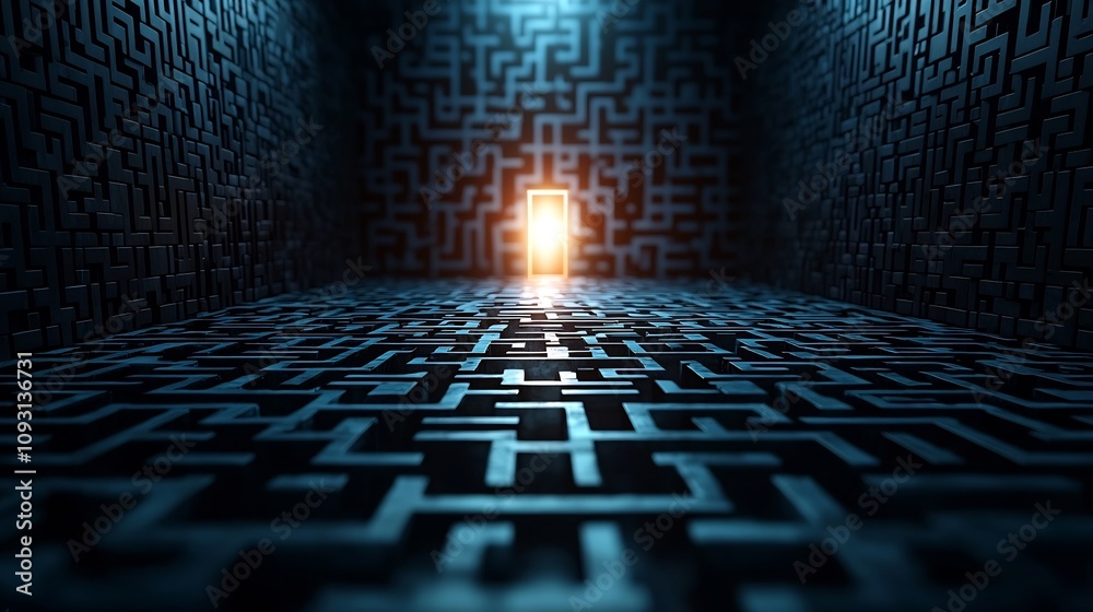 Aufkleber Luminous Exit Glowing Brightly at the Center of a Black and Blue Maze Representing the Triumph of Problem Solving and Clarity Over Complexity