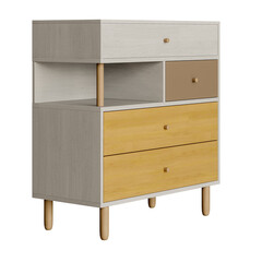 A white and brown dresser with three drawers