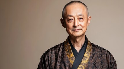 Fototapeta premium Portrait of an elderly man wearing traditional clothing with a calm expression, exemplifying wisdom and tranquility, in a serene studio background capturing cultural heritage.