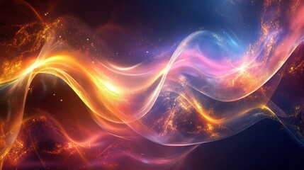 Iridescent abstract design featuring a flowing wavy shape, with glowing highlights and metallic reflections