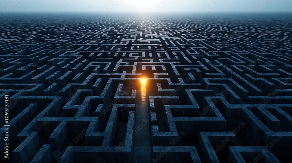 Poster Glowing exit illuminating a complex black and blue labyrinth representing the journey of problem solving and achieving successful solutions  This abstract