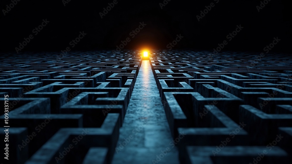 Poster Glowing Exit Illuminating a Complex Black and Blue Labyrinth Representing the Journey of Problem Solving and Achieving Successful Solutions  Abstract Digital Depicting a Futuristic