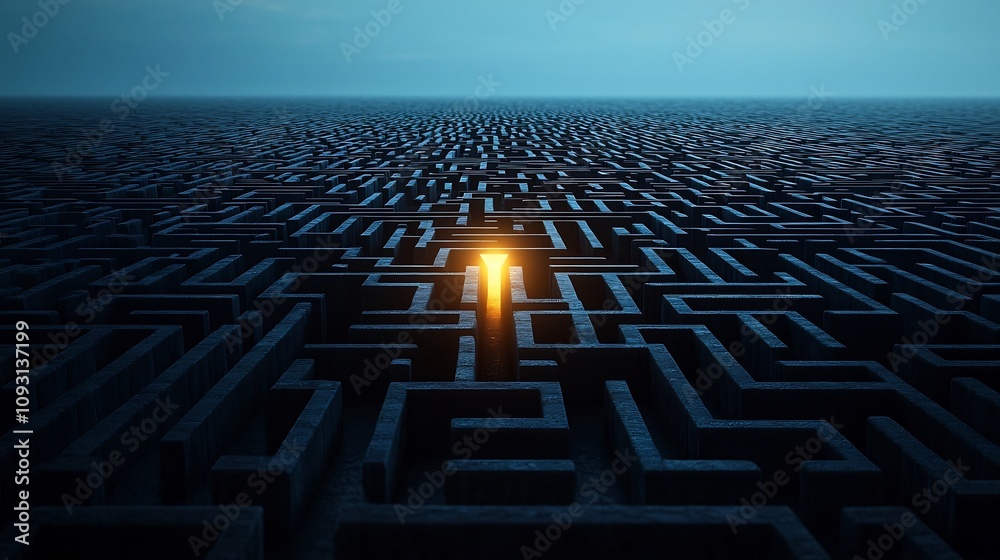Leinwandbilder Glowing Exit Illuminating a Complex Black and Blue Labyrinth Representing the Journey of Problem Solving and Achieving Successful Solutions  This abstract digital artwork depicts a futuristic