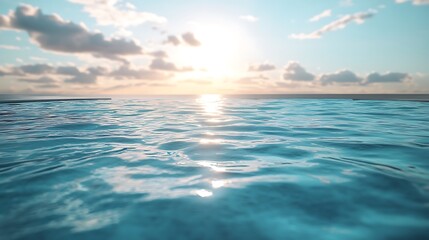 Fototapeta premium Quiet pool scene, perfectly still water reflecting the bright afternoon sky, clean and clear surface, serene and peaceful vibe, detailed photorealism, natural lighting, sharp focus, hd resolution.