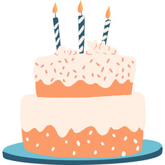 Playful vector illustration of a festive layered dessert with glowing candles, drawn in a soft flat style and gentle pastel shades. Ideal for children’s party invitations, greeting card designs, digit