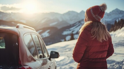 Woman traveling exploring, enjoying the view of the mountains, landscape, lifestyle concept winter vacation outdoors. Female standing near the car in sunny day, travel in the mountains.