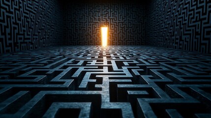 Glowing exit light shining through the intricate patterns of a black and blue maze representing the success achieved in problem solving