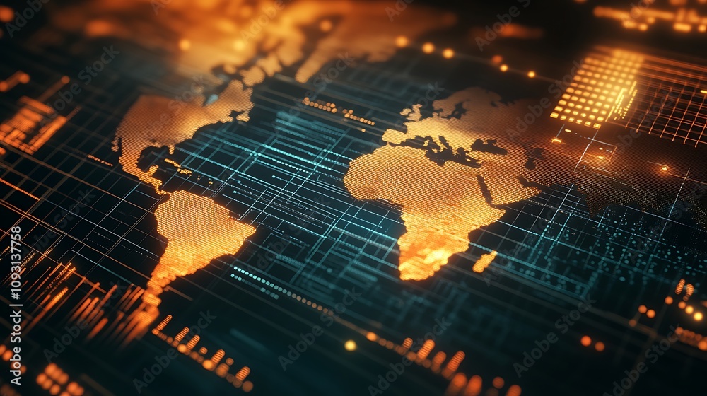 Poster digital world map: global network data visualization