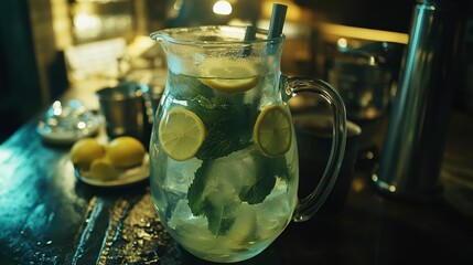 Refreshing Citrus Infused Water Pitcher with Fresh Mint and Slices of Lemon on a Rustic Wooden Table in a Cozy Evening Setting