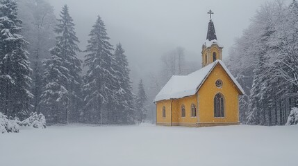 A serene yellow church surrounded by snow-covered trees in a winter landscape.