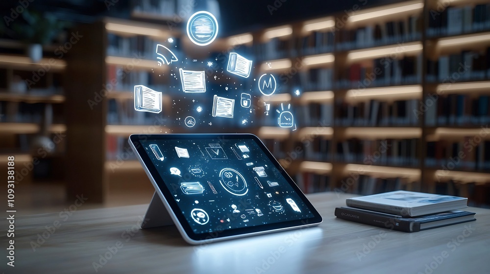 Aufkleber sleek tablet emitting floating educational symbols and books above its screen set amidst glowing boo