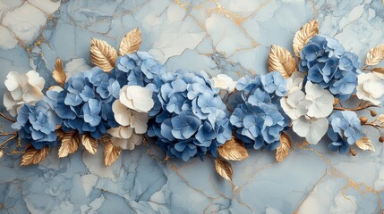 A decorative arrangement of blue and white flowers with gold leaves on a marble background.