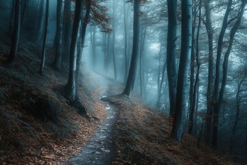 Obraz premium Misty Forest Path Winding Through Tall Trees